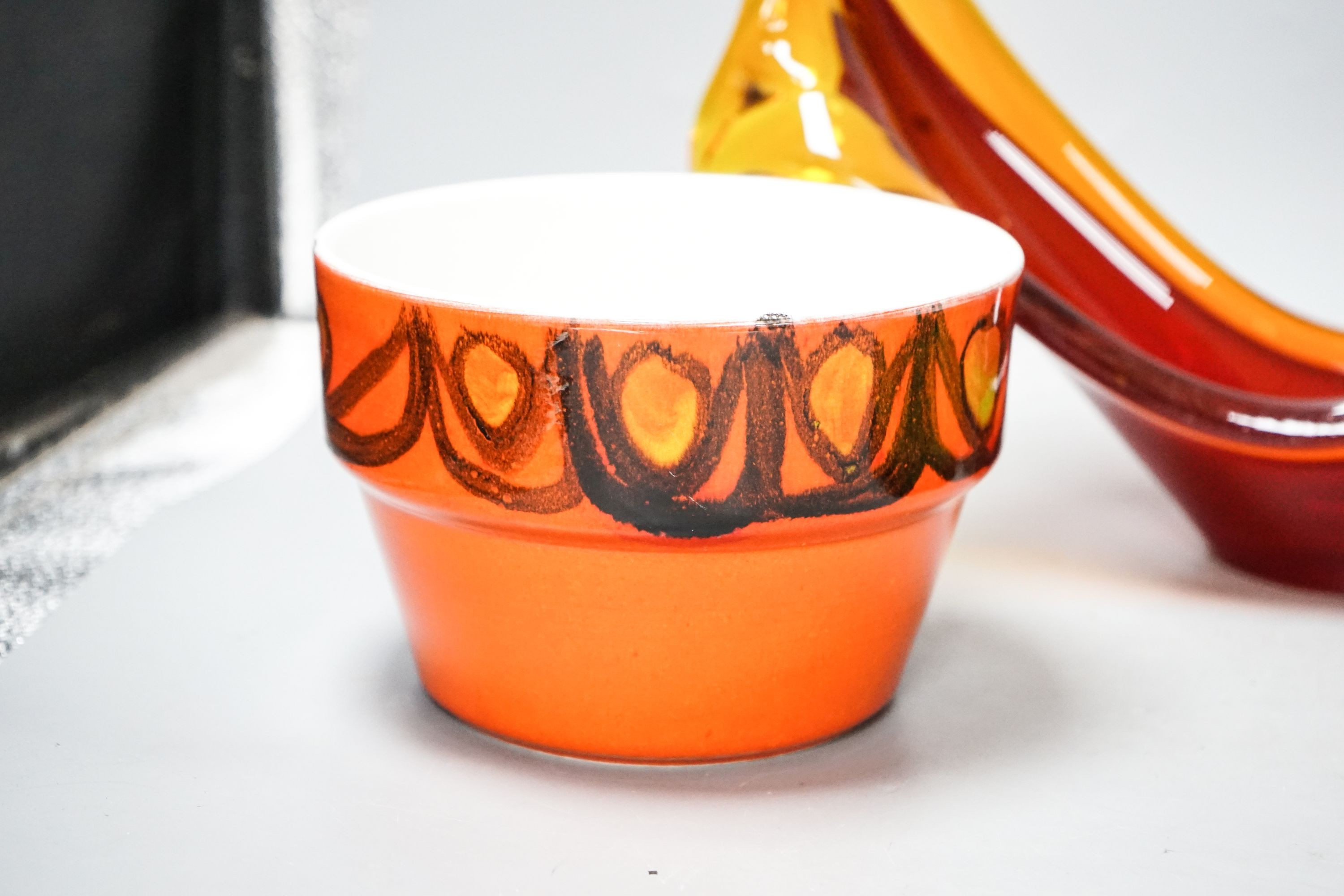 Two Poole bowls and a 1970's coloured glass vase 38cm